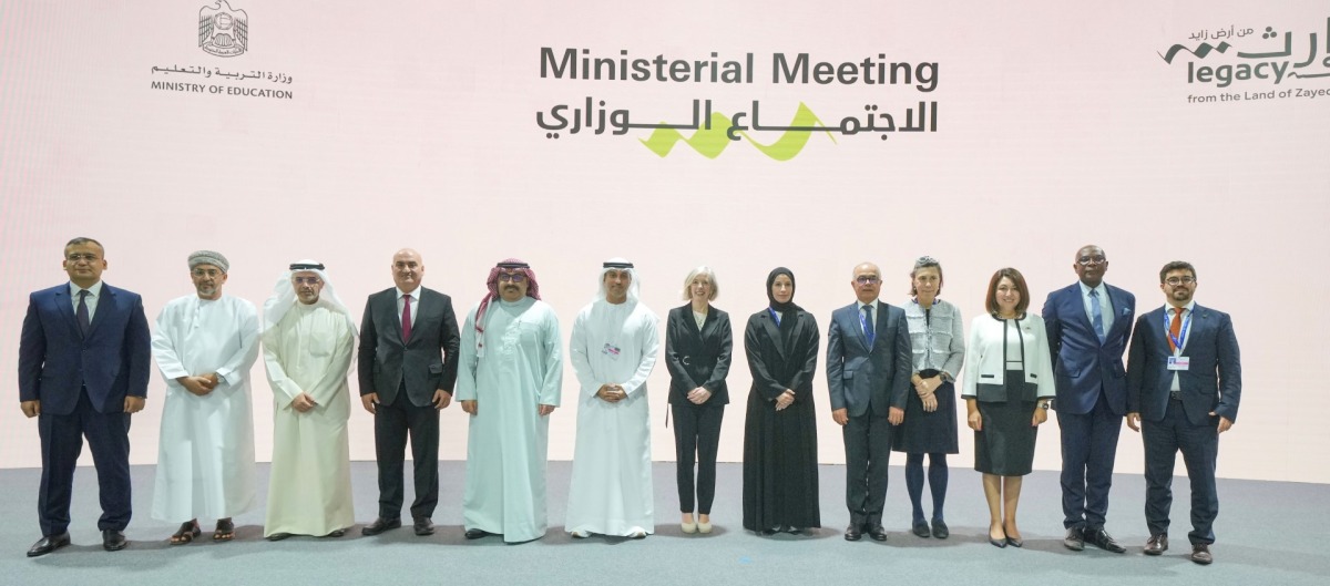 Minister of Education and Higher Education H E Buthaina bint Ali Al Jaber Al Nuaimi (sixth right) with other participants at the roundtable meeting of education ministers at COP28 in Dubai.