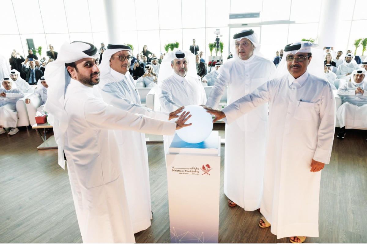 Minister of Municipality H E Dr. Abdullah bin Abdulaziz bin Turki Al Subaie (centre), Minister of Justice H E Masoud bin Mohammed Al Amri (second left), Minister of Communications and Information Technology H E Mohammed bin Ali Al Mannai (second right), and President of Qatar General Electricity and Water Corporation (Kahramaa) Eng. Essa bin Hilal Al Kuwari (first right) inaugurating Real Estate Platform of Qatar at Expo 2023 Doha yesterday.