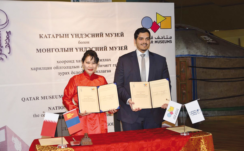 Director of National Museum of Qatar, Sheikh Abdulaziz Al Thani (right) with Director of the National Museum of Mongolia, Dulamjav Munhktogoo during the MoU signing ceremony. 