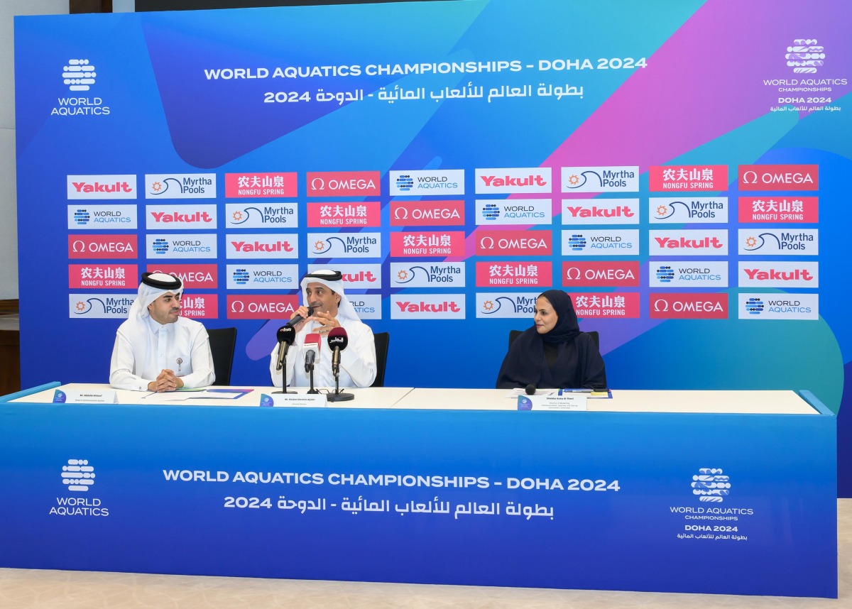 FROM LEFT: Head of Communication Section Abdulla Mohammed Almarri, General Director of LOC Khaleel Ibrahim Al Jaber and Director of Marketing, Communications, Opening and Closing Ceremonies Committee Sheikha Asma bint Thani Al Thani during the press conference today.