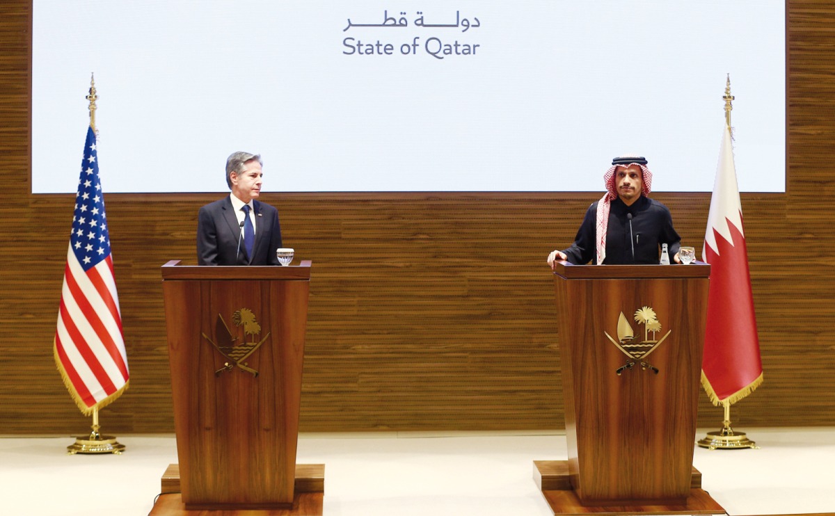 Prime Minister and Minister of Foreign Affairs H E Sheikh Mohammed bin Abdulrahman bin Jassim Al Thani and US Secretary of State H E Antony Blinken address a joint press conference in Doha yesterday. Pic: Rajan Vadakkemuriyil / The Peninsula