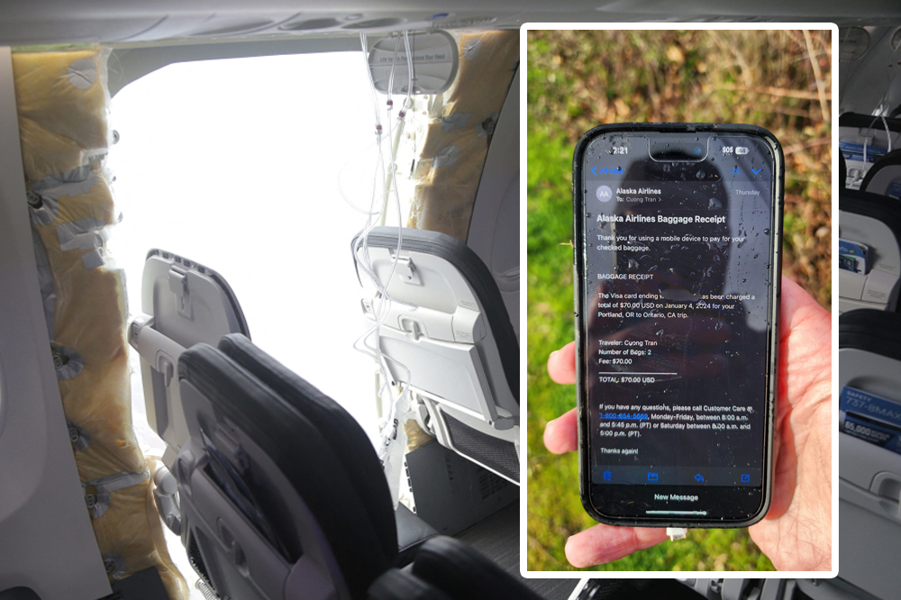 This handout picture provided by the NTSB on January 8, 2024 shows the investigation involving Alaska Airlines Flight 1282 on a Boeing 737-9 MAX in Portland, Oregon. (Inset) Photo of the iPhone found by Seanathan Bates.