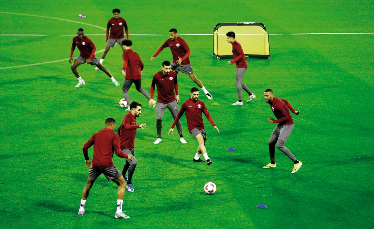 Qatar players during a training session yesterday. Pic: Rajan Vadakkemuriyil