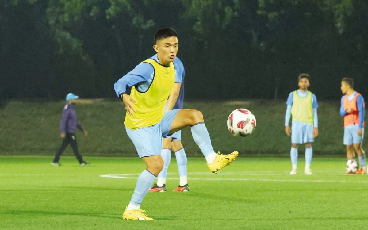 India's Sunil Chhetri during a training session in Doha.