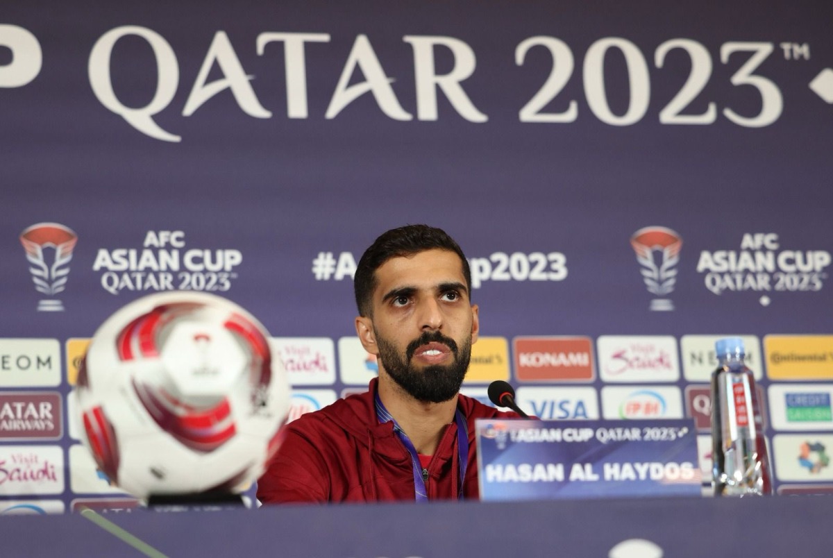 Captain Hassan Al-Haydos addressing the press. Pic: Qatar Football Association 