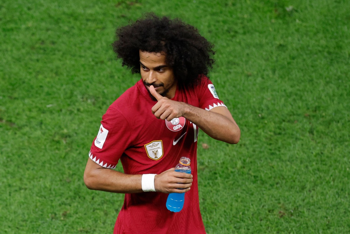 Akram Afif celebrates after scoring Qatar’s third goal against Lebanon, on Friday. AFP 