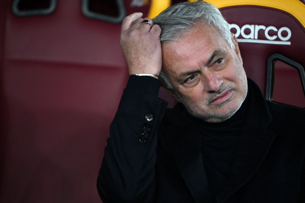 Roma's Portugese coach Jose Mourinho looks on during the Italian Serie A football match between AS Roma and SSC Napoli at the Olympic stadium in Rome, on December 23, 2023. Photo by TIZIANA FABI / AFP