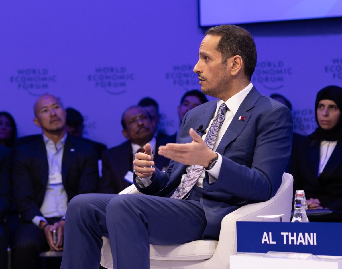 Prime Minister and Minister of Foreign Affairs H E Sheikh Mohammed bin Abdulrahman Al Thani speaking with World Economic Forum President Børge Brende (not in picture) in Davos.