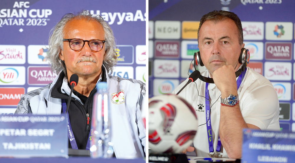 Tajikistan head coach Petar Segrt (left), and Lebanon head coach Miodrag Radulavic