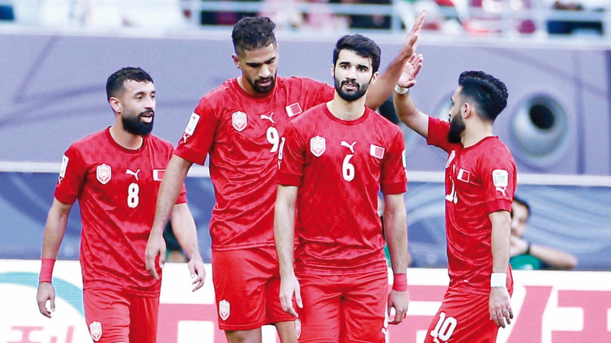 Bahrain players celebrate after scoring a goal. PIC: Rajan Vadakkemuriyil