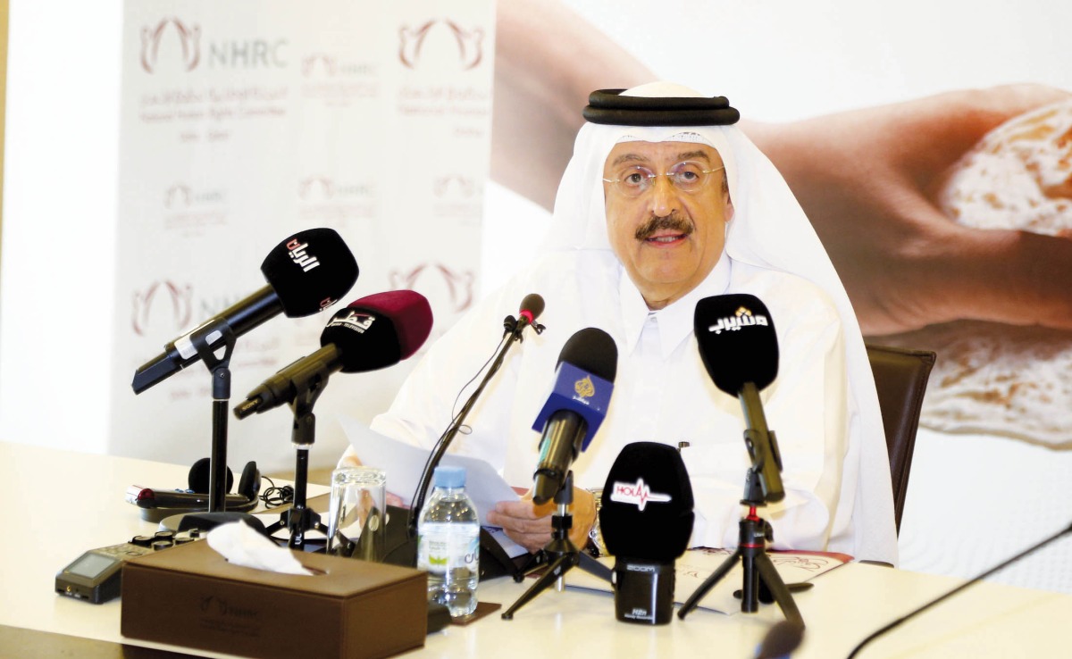 Vice-Chairman of the National Human Rights Committee Dr. Mohammed bin Saif Al Kuwari addressing the press conference at the NHRC headquarters, yesterday.