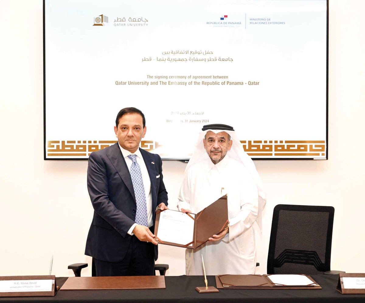 QU President Dr. Omar Al Ansari and Ambassador of Panama to Qatar H E Musa Asvat during the signing of the agreement.