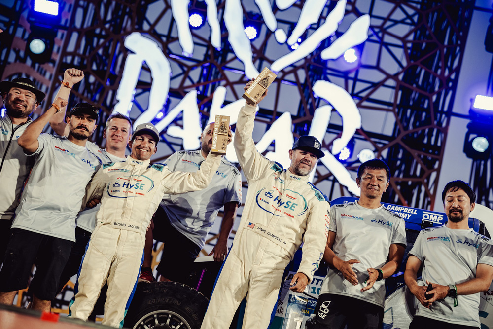 TLC crew after winning the 1th consecutive Production Car category victory at the 2024 Dakar Rally in Saudi Arabia.