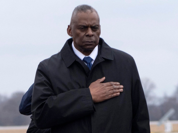 US Defense Secretary Lloyd Austin attend the dignified transfer of the remains of three US service members killed in the drone attack on the US military outpost in Jordan, at Dover Air Force Base in Dover, Delaware, on February 2, 2024. (Photo by Roberto Schmidt / AFP)
