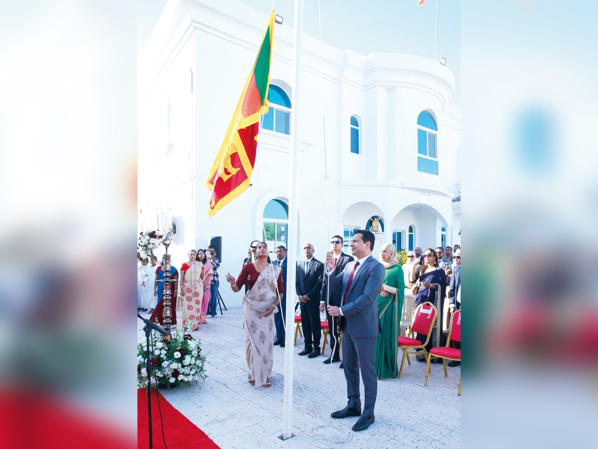 Ambassador of Sri Lanka to Qatar H E Mohamed Mafaz Mohideen hoisting the national flag to mark the country’s Independence Day yesterday. PIC: Rajan Vadakkemuriyil 