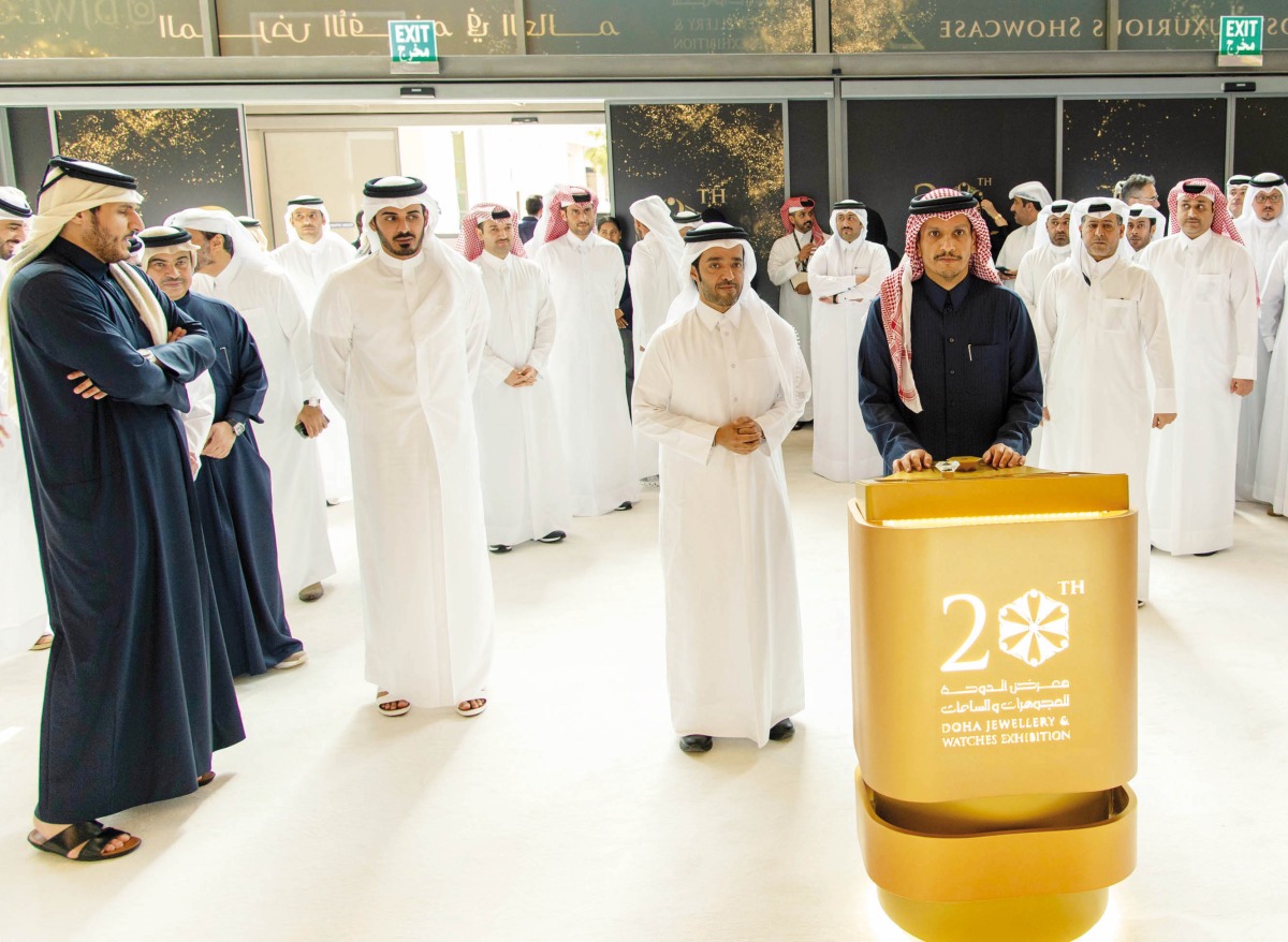 Prime Minister and Minister of Foreign Affairs H E Sheikh Mohammed bin Abdulrahman bin Jassim Al Thani, Minister of Interior H E Sheikh Khalifa bin Hamad Al Thani and Qatar Tourism Chairman H E Saad bin Ali Al Kharji during the opening of the 20th edition of the DJWE at the DECC.