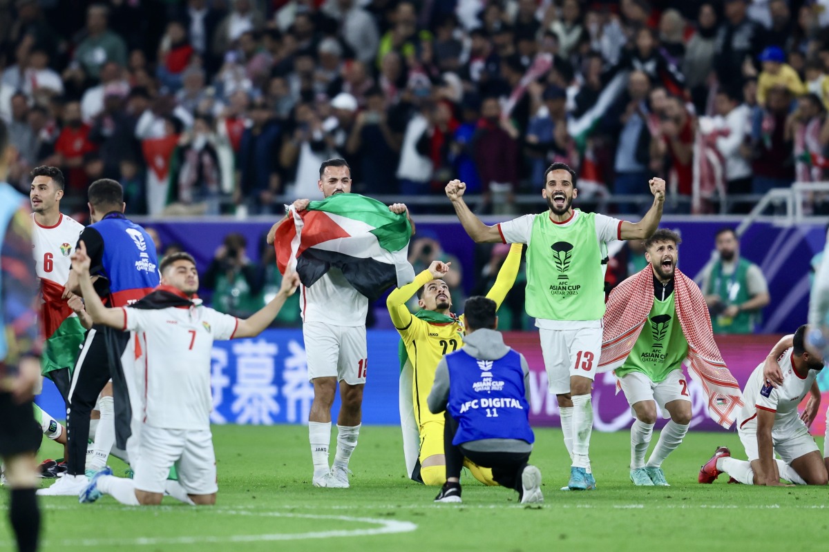 Jordan's players celebrate after defeating South Korea during the AFC Asian Cup Qatar 2023 semi-final match at the Ahmad Bin Ali Stadium on February 6, 2024. (Pic by Mohamed Farag / The Peninsula)