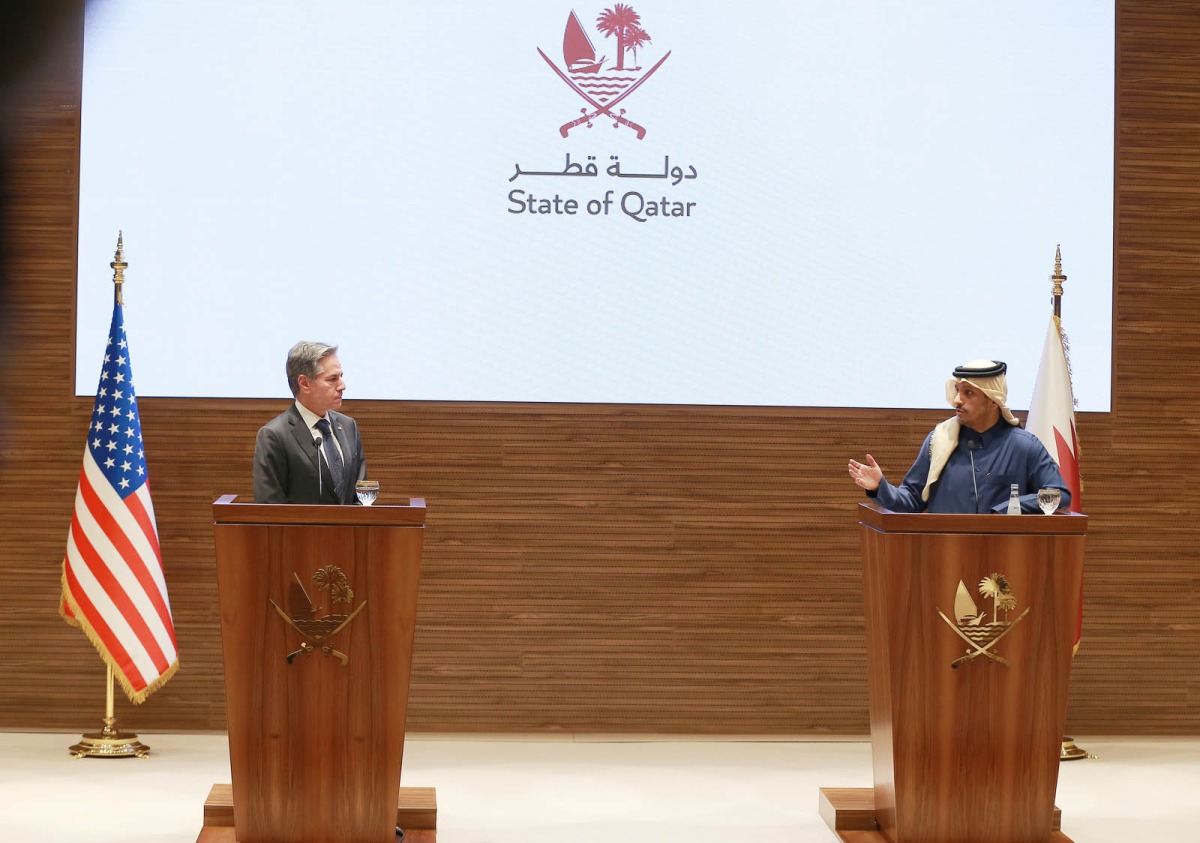 Prime Minister and Minister of Foreign Affairs H E Sheikh Mohammed bin Abdulrahman bin Jassim Al Thani and US Secretary of State H E Antony Blinken during a joint press conference. 
