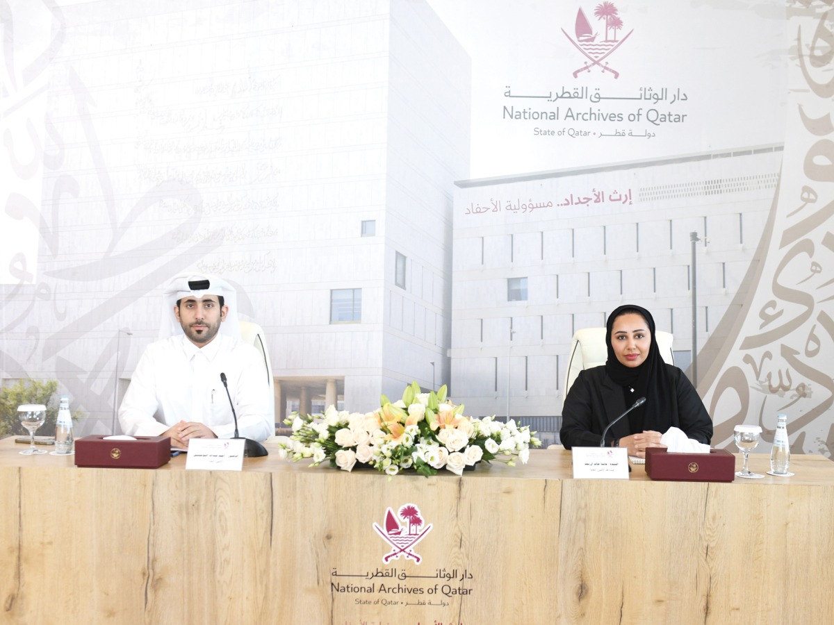 Secretary-General of the National Archives of Qatar Dr. Ahmed Abdullah Al Buainain (left) and Assistant Secretary-General Aisha Khalid Al Saad during an interactive session with media persons at the premises of National Archives of Qatar in Msheireb. (Pic by: Amr Diab/The Peninsula)