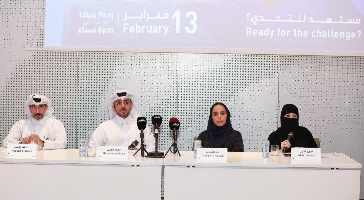 (From left) Abdullah Al Kaabi, representative of QF’s Pre University Education; Muhamed Musa, a spokesperson at QF; Hend Al Thawadi, Engagement and Activation Lead, Qatar Foundation; and Al Jazi Al Anzi, a representative of the Ministry of Social Development and Family, during the press conference held yesterday.  Pic: Rajan Vadakkemuriyil