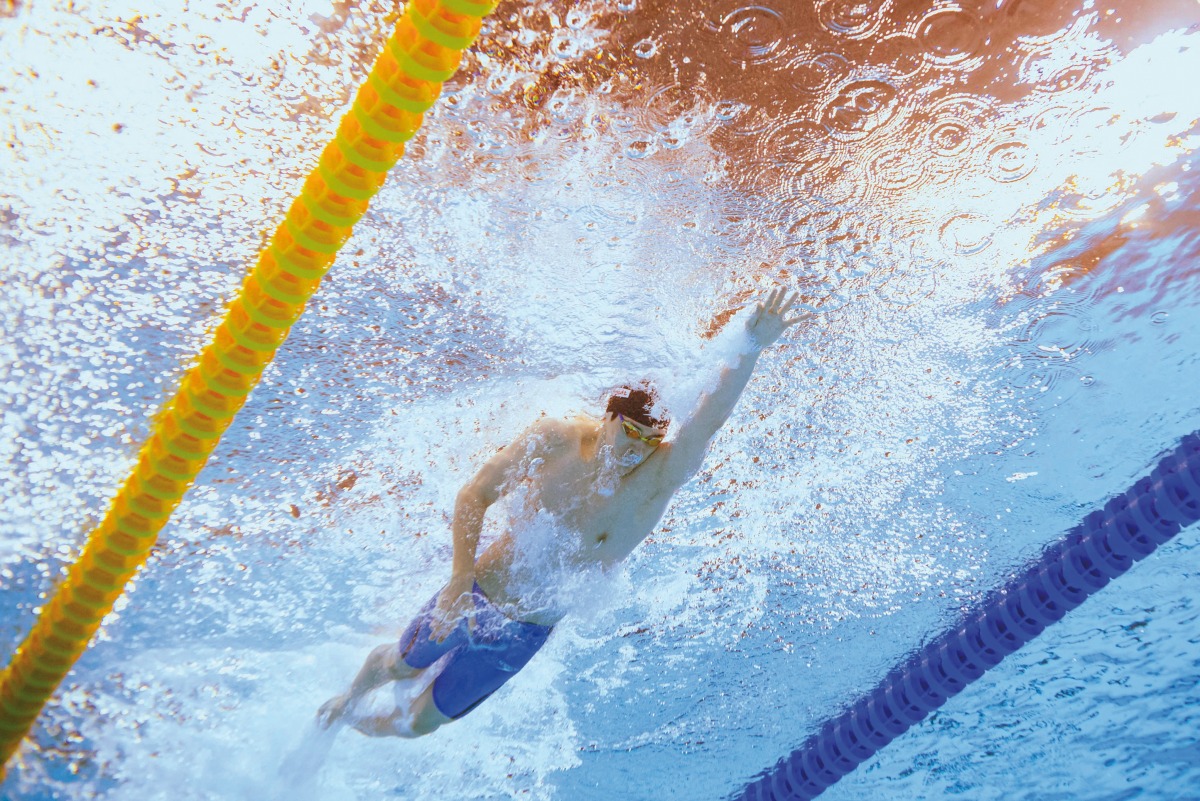 China’s Zhanle Pan competes in the final of the men’s 4X100m freestyle relay swimming event at Aspire Dome yesterday. 