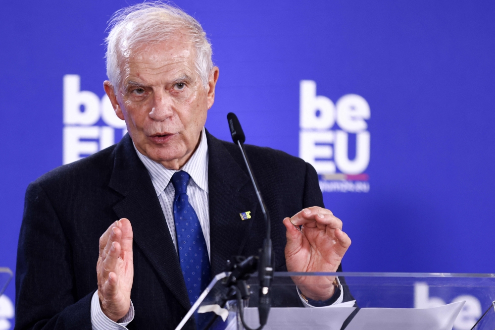 European Commission vice-president in charge for High-Representative of the Union for Foreign Policy and Security Policy Josep Borrell speaks during a press conference at the end of an Informal Foreign Affairs Council (Development Ministers) in Brussels, on February 12, 2023. (Photo by Kenzo TRIBOUILLARD / AFP)
