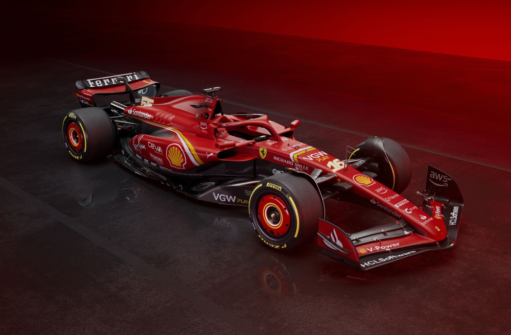 This handout photograph made available on February 13, 2024 by Scuderia Ferrari, shows Ferrari's new single-seater SF-24 (F1) for the 2024 season unveiled today in its Italian home of Maranello. (Photo by Handout / FERRARI PRESS OFFICE / AFP)