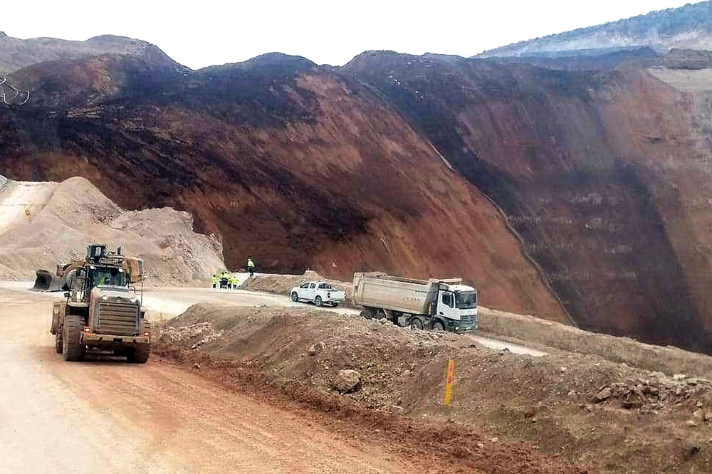 This handout photograph taken and released on February 13, 2024 by Turkish news agency DHA (Demiroren News Agency) shows a view of an area following a substantial landslide affecting a large area around the gold mine in the Ilic district of Erzincan.(Photo by DHA (Demiroren News Agency) / AFP)