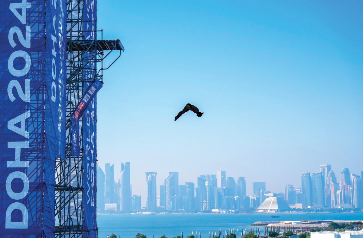 Action during the women's high diving event at Old Doha Port, yesterday.