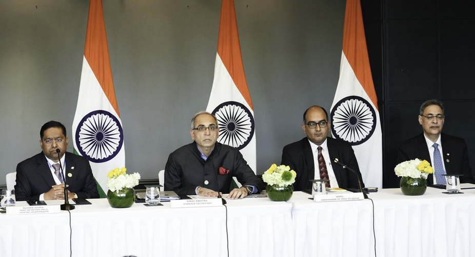 Foreign Secretary of India H E Vinay Kwatra (second left); Ambassador of India to Qatar H E Vipul (second right); and other officials at the press briefing.