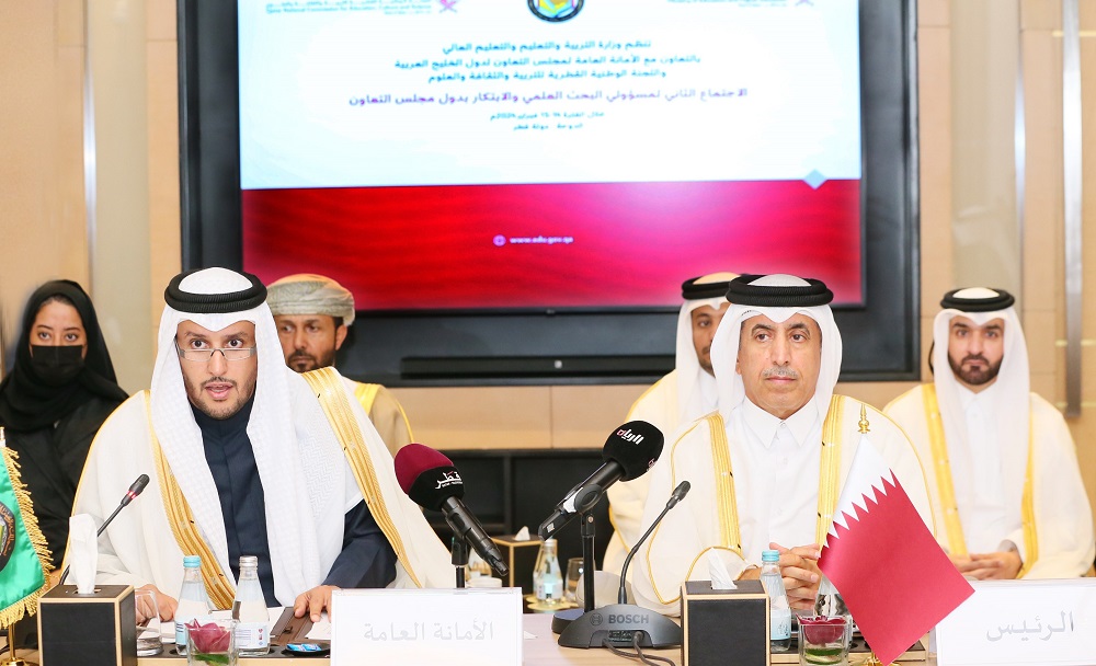 Undersecretary of the MoEHE Dr. Ibrahim bin Saleh Al Nuaimi (right) with other officials during  second meeting of the permanent committee for scientific research and innovation officials of the GCC in Doha yesterday.