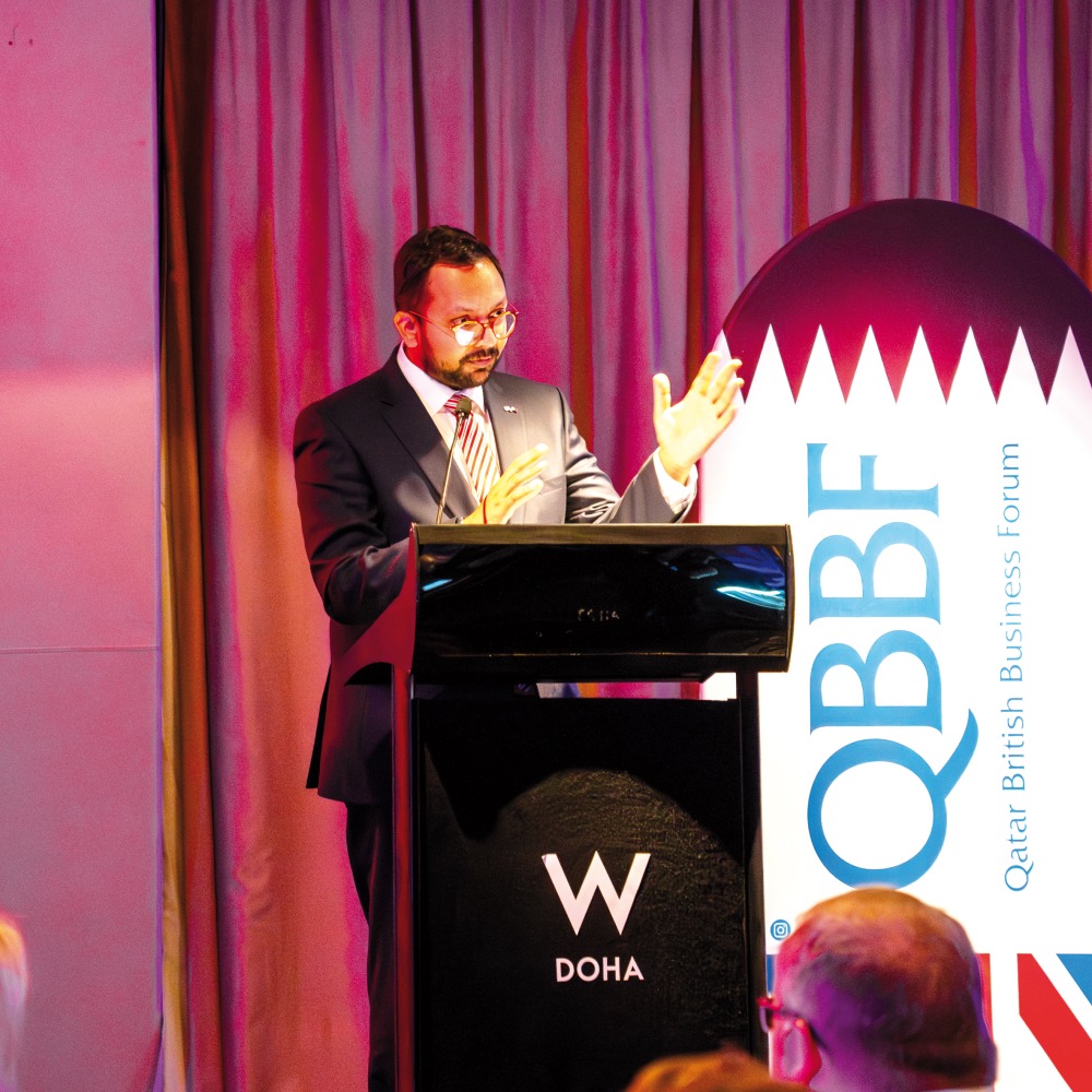 British Ambassador to the State of Qatar H E Neerav Patel speaking during the business meeting.