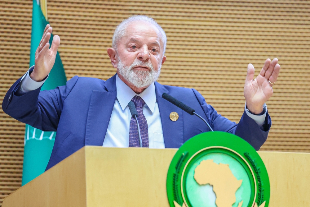 Handout picture released by the Brazilian Presidency shows Brazil's President Luiz Inacio Lula da Silva speaking during the opening ceremony of the 37th Ordinary Session of the Assembly of the African Union (AU) at the AU headquarters in Addis Ababa on February 17, 2024. (Photo by Ricardo Stuckert / Brazilian Presidency / AFP) 