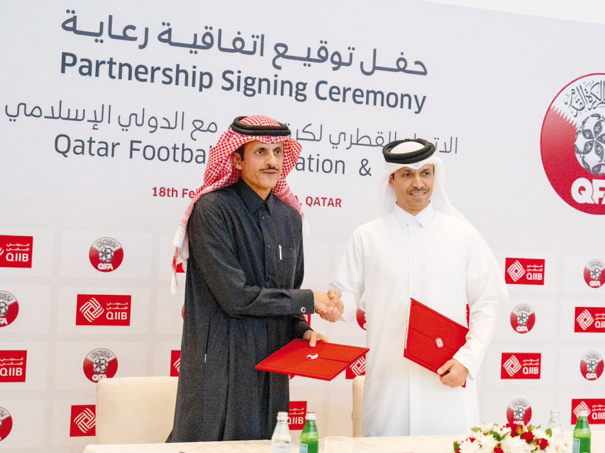 Chairman of the Board of Directors of QIIB, Sheikh Dr. Khalid bin Thani bin Abdullah Al Thani (left) and QFA President, Jassim bin Rashid Al Buainain, at the agreement signing yesterday.