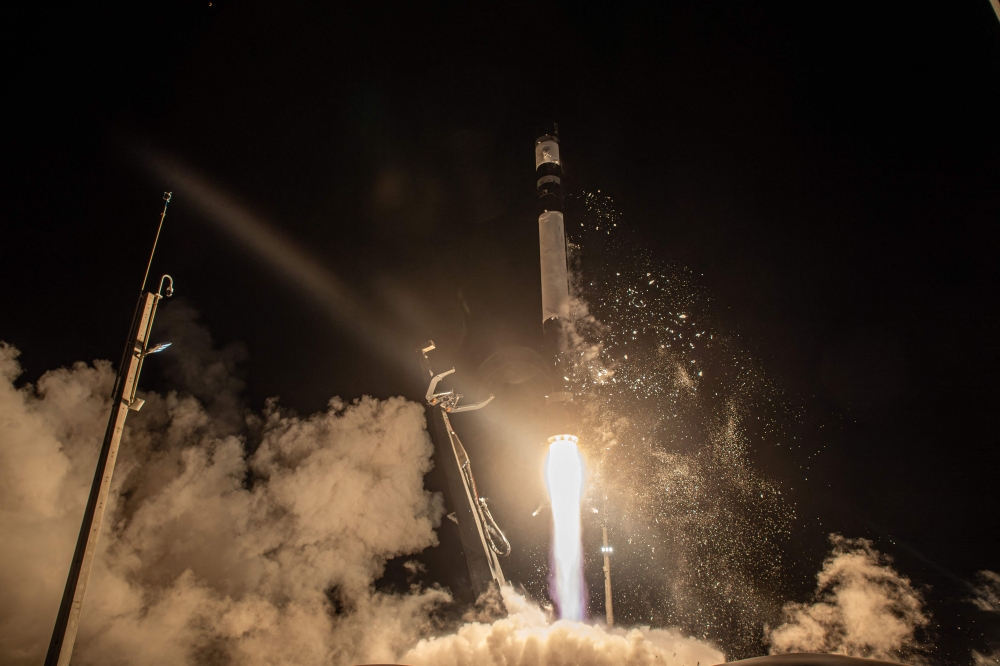 This handout photo taken and provided by Rocket Lab courtesy of Astroscale on February 19, 2024 shows a rocket carrying the Astroscale commercial debris removal demonstration satellite 