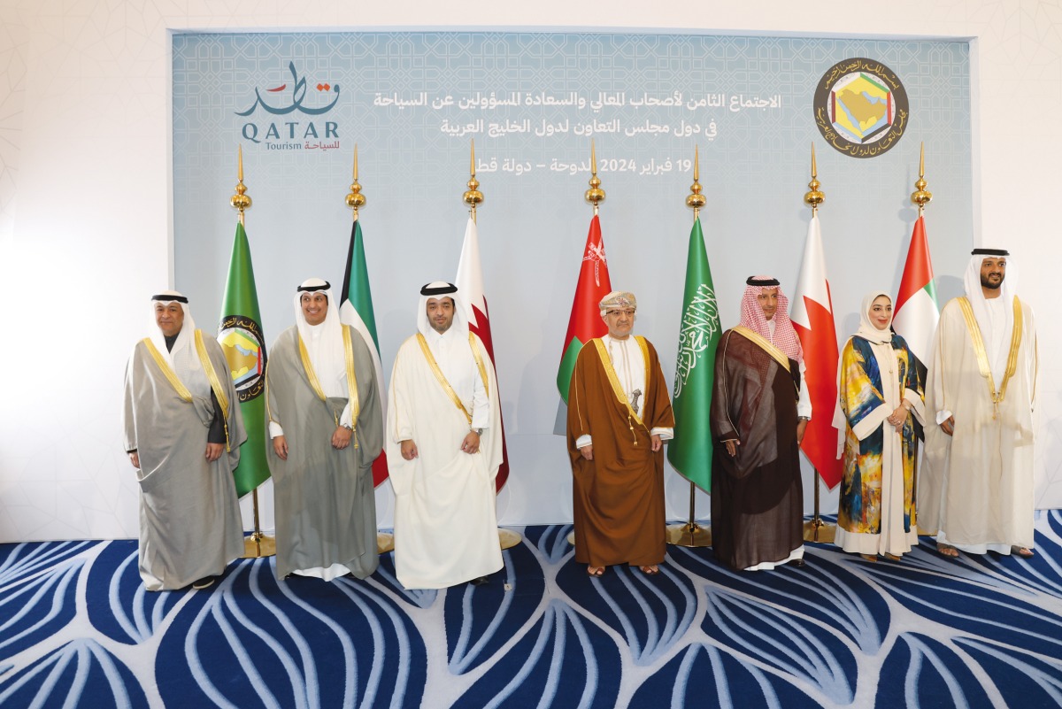 Chairman of Qatar Tourism H E Saad bin Ali Al Kharji (third left), Kuwait Minister of Media and Culture H E Abdulramhan Badah Al Muteri (second left), Gulf Arab Cooperation Council  Secretary General H E Jassim Mohamed Al Bedawi (left) along with other officials during the 8th Meeting of Gulf Cooperation Council Tourism Ministers at Waldorf Astoria Lusail.  PIC: Mohamed Farag