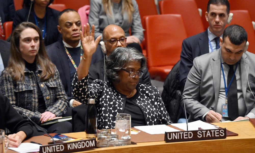 US Ambassador to the UN Linda Thomas-Greenfield casts a veto vote during a UN Security Council meeting on the Israel-Hamas war, at UN Headquarters in New York City on February 20, 2024. (Photo by ANGELA WEISS / AFP)
