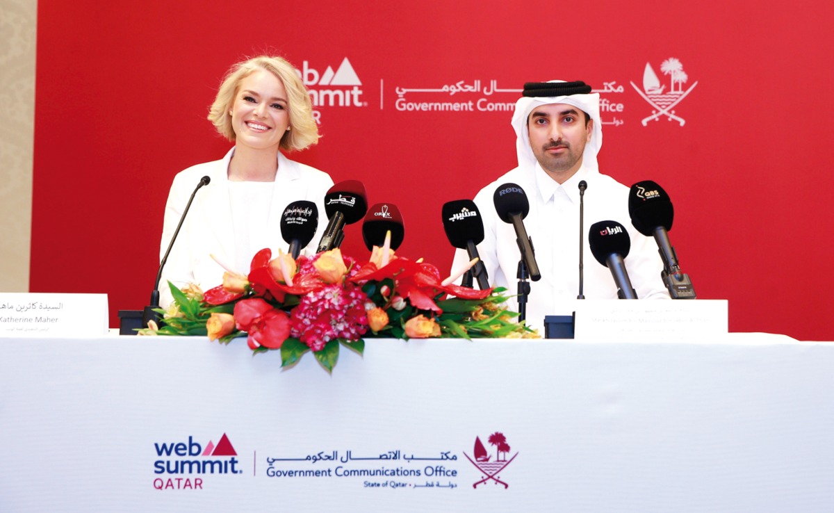 Chairman of the Web Summit Qatar 2024 Organising Committee, Sheikh Jassim bin Mansour bin Jabor Al Thani (right) and CEO of Web Summit Katherine Maher speaking at the press conference yesterday.  PIC: Rajan Vadakkemuriyil / The Peninsula