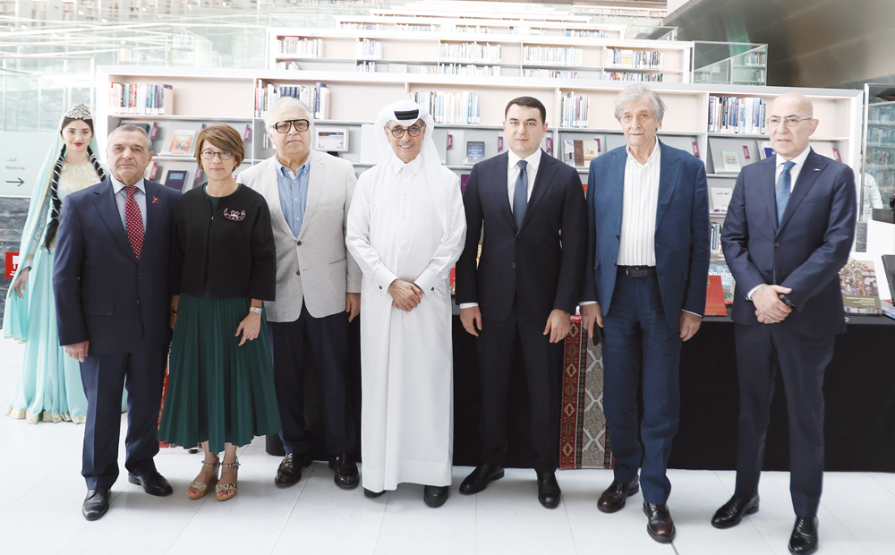 Minister of State and President of Qatar National Library, H E Dr. Hamad bin Abdulaziz Al Kuwari (centre), Minister of Culture of Azerbaijan, H E Adil Karimli (third right), Ambassador of Azerbaijan to Qatar H E Maher Muhammad Oglu Aliyev (first right) and other officials at the event.