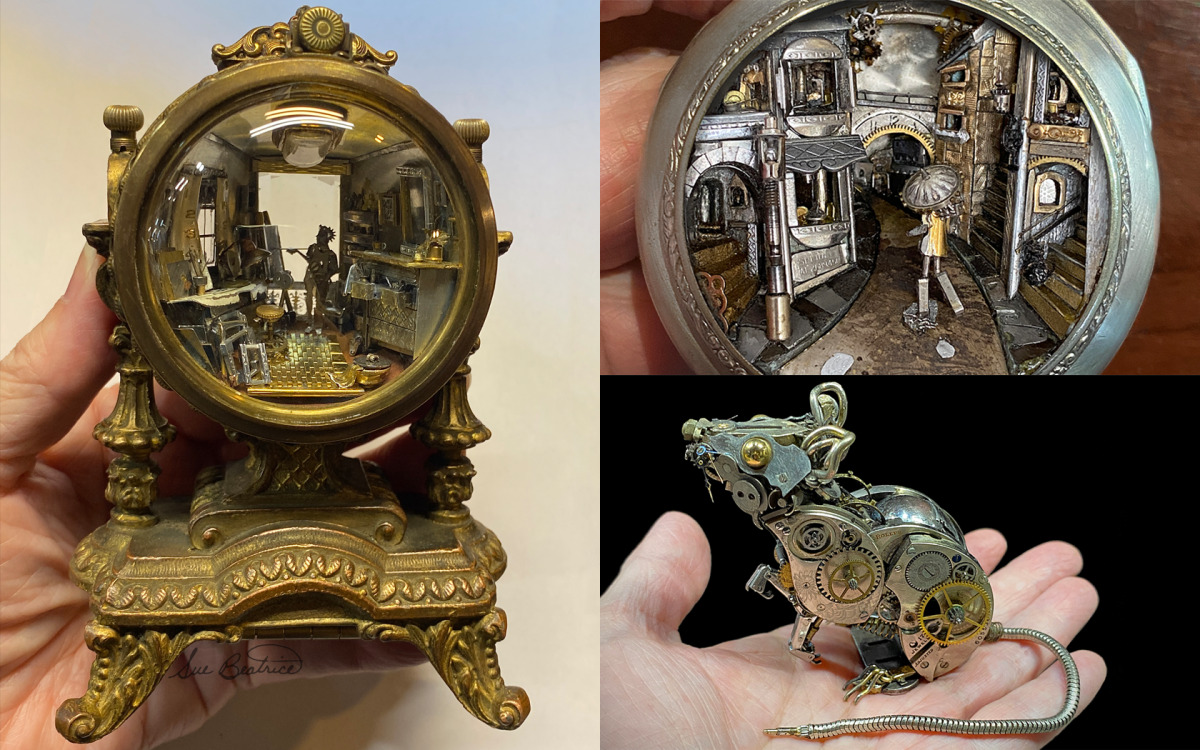 Clockwise from left: A sculpture inspired by Sue Beatrice's art studio; an exterior sculpture encased in a watch; a sculpture of a rat on a book made out of watch materials. Photos courtesy of Sue Beatrice. 