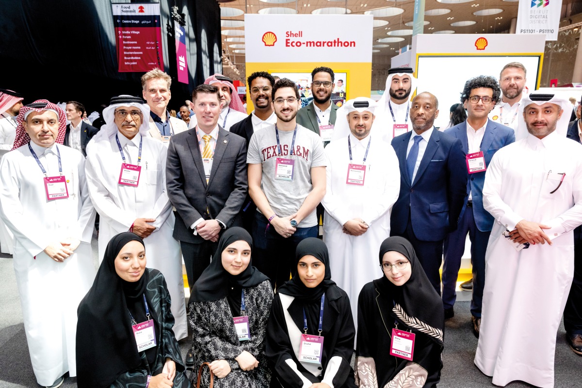 Officials along with students at the Shell Eco-marathon stand during the Web Summit Qatar 2024, yesterday. 