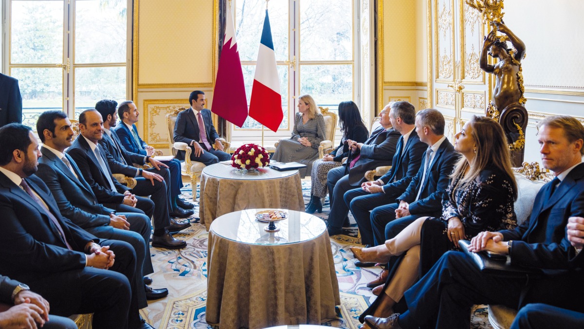 Amir H H Sheikh Tamim bin Hamad Al Thani meeting President of the National Assembly of France H E Yael Braun-Pivet in Paris, yesterday. 