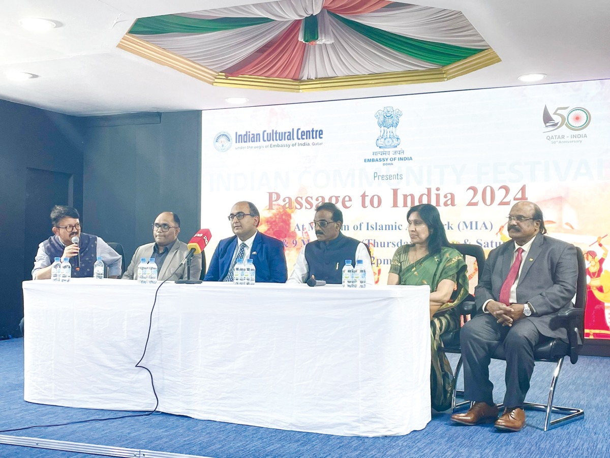 Ambassador of India to Qatar, H E Vipul (third left) and other embassy officials and community representatives address a press conference yesterday. PIC: Joelyn Baluyut/The Peninsula