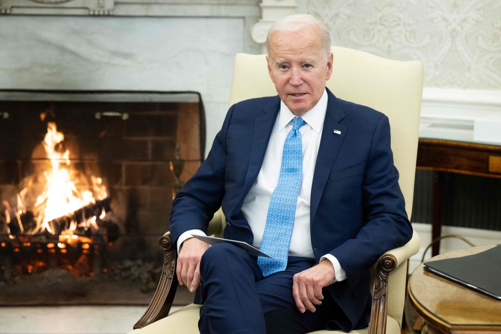 US President Joe Biden speaks during a meeting with Italian Prime Minister Giorgia Meloni in the Oval Office of the White House in Washington, DC, on March 1, 2024. (Photo by Saul Loeb / AFP)