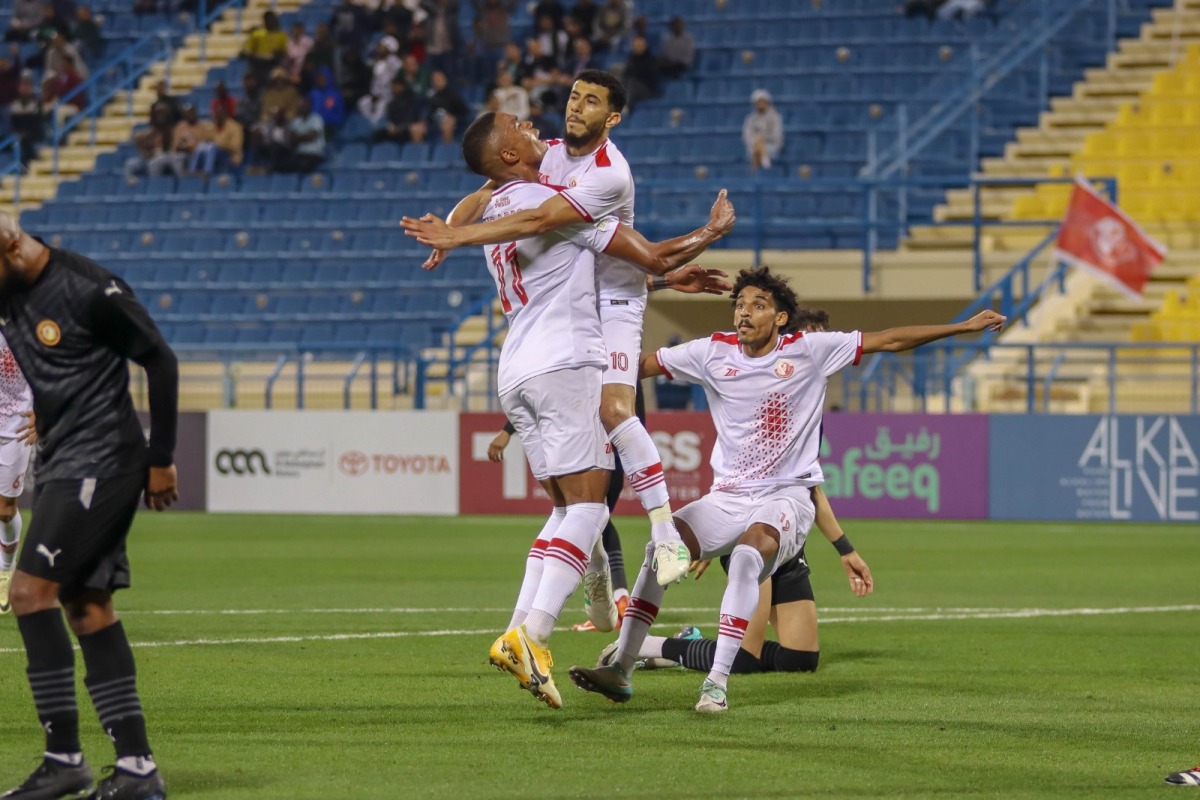 Al Shamal's Ricardo Gomes (left) celebrates with teammates after scoring a goal against Umm Salal yesterday. PIC: QSL