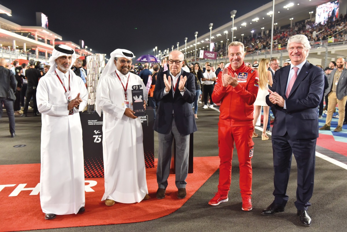 FROM LEFT: Minister of Sports and Youth H E Sheikh Hamad bin Khalifa bin Ahmed Al Thani,  Qatar Motor and Motorcycle Federation (QMMF) and Lusail International Circuit President Abdulrahman bin Abdullatif Al Mannai, Dorna CEO Carmelo Ezpeleta, Red Bull GASGAS Tech3 Team Owner Herve Poncharal and FIM President Jorge Viegas after the QMMF President received the award for MotoGP 2023 Qatar Airways Grand Prix of Qatar, which was named as the Best Grand Prix of the last season.   
