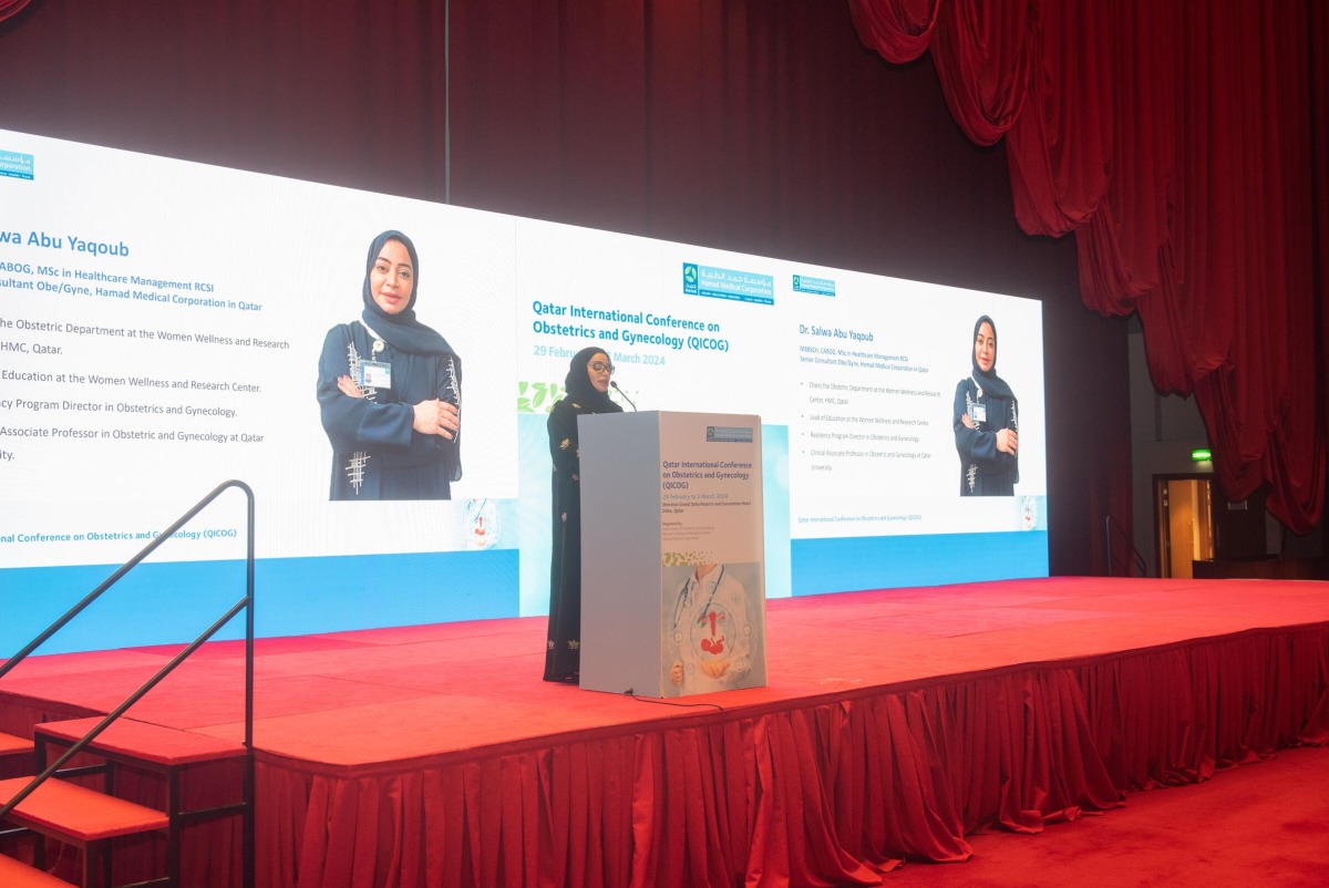 Dr. Salwa M Abuyaqoub, Conference Chair and Senior Consultant and Chair of Ob/Gyne, WWRC, speaks at the event.