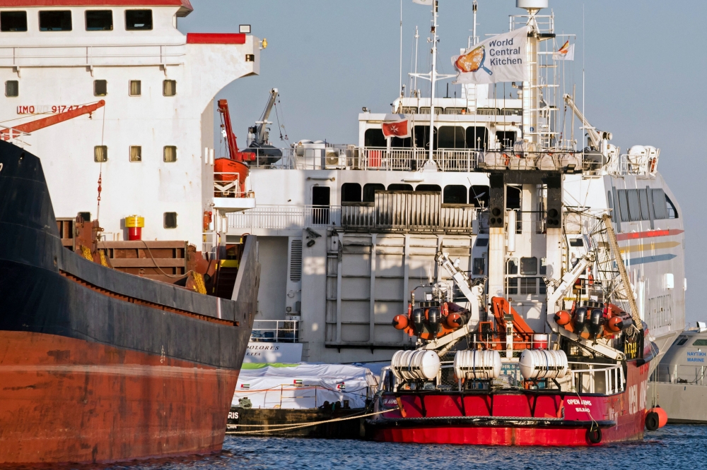 The Open Arms vessel (C) pictured in the Cypriot port of Larnaca on March 11, 2024. (Photo by Iakovos Hatzistavrou / AFP)