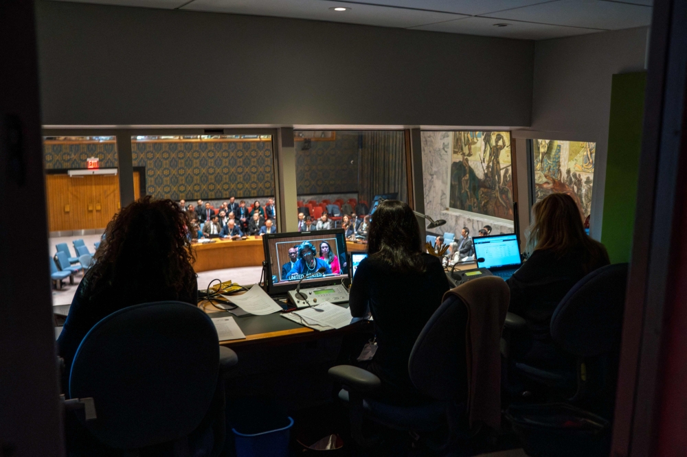 US Ambassador to the UN Linda Thomas-Greenfield is seen on a screen as she speaks during a UN Security Council meeting at the United Nations headquarters on March 22, 2024 in New York City. Eduardo Munoz Alvarez/Getty Images/AFP 