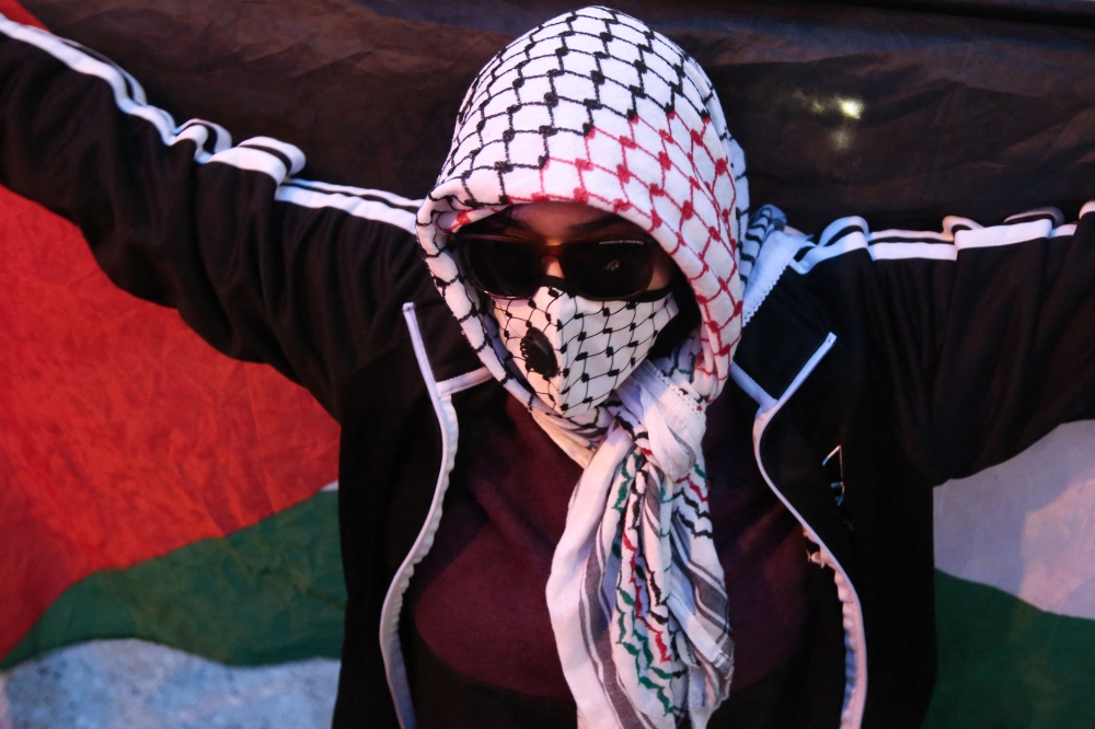 A pro-Palestinian demonstrators holds a flag during the 